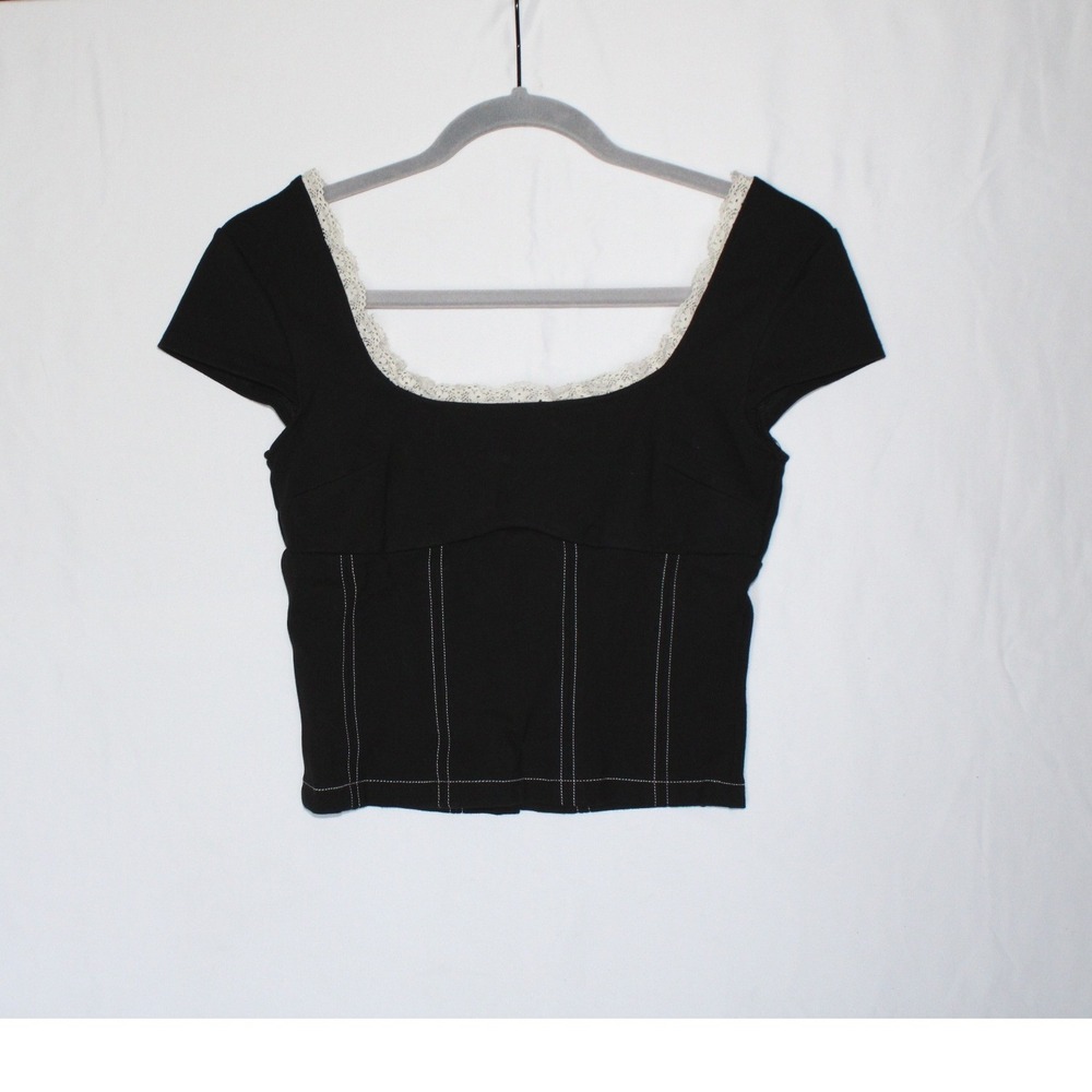 Forever 21 Black Lace Trim Corset Crop Top Contrast Stitching Square Neck Small